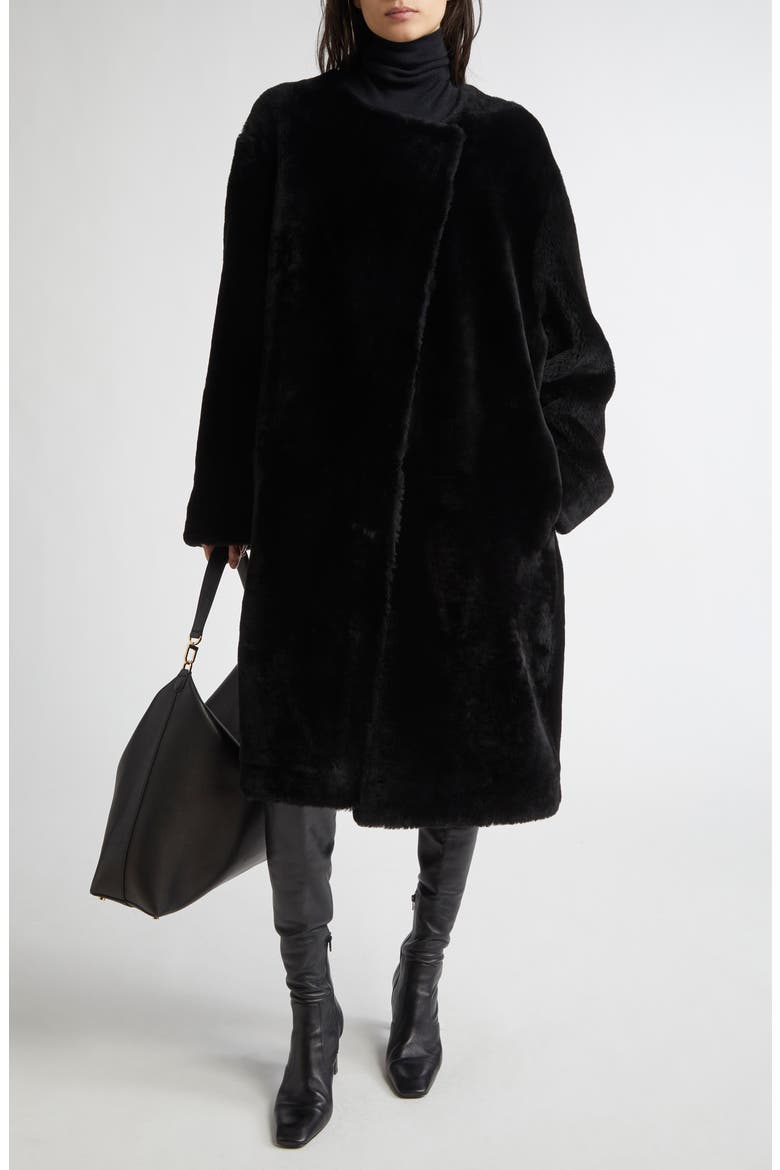 Collarless Genuine Shearling Coat, Alternate, color, BLACK