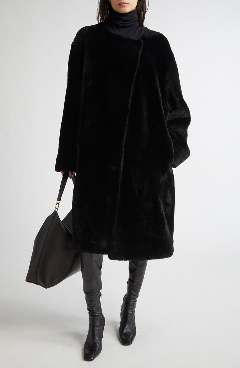 TOTEME Collarless Genuine Shearling Coat, Alternate, color, Black