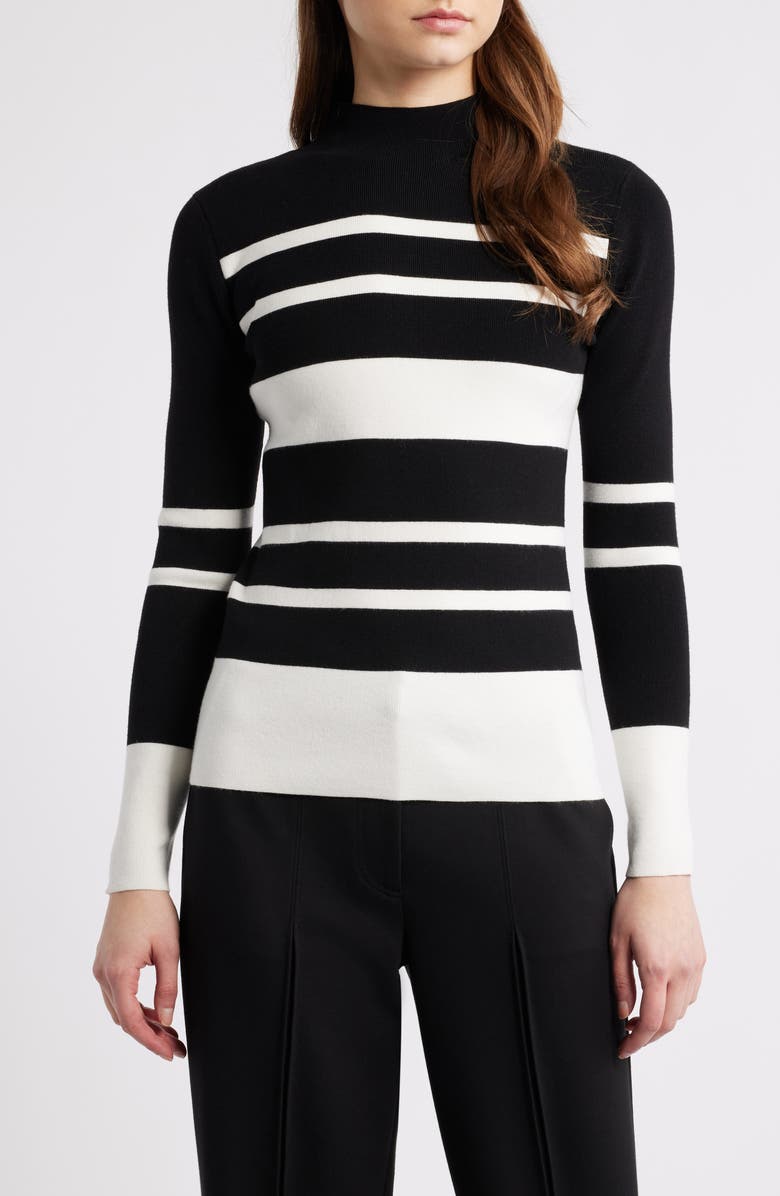 Elie Tahari The Clio Stripe Sweater, Main, color, Noir/ Sky White