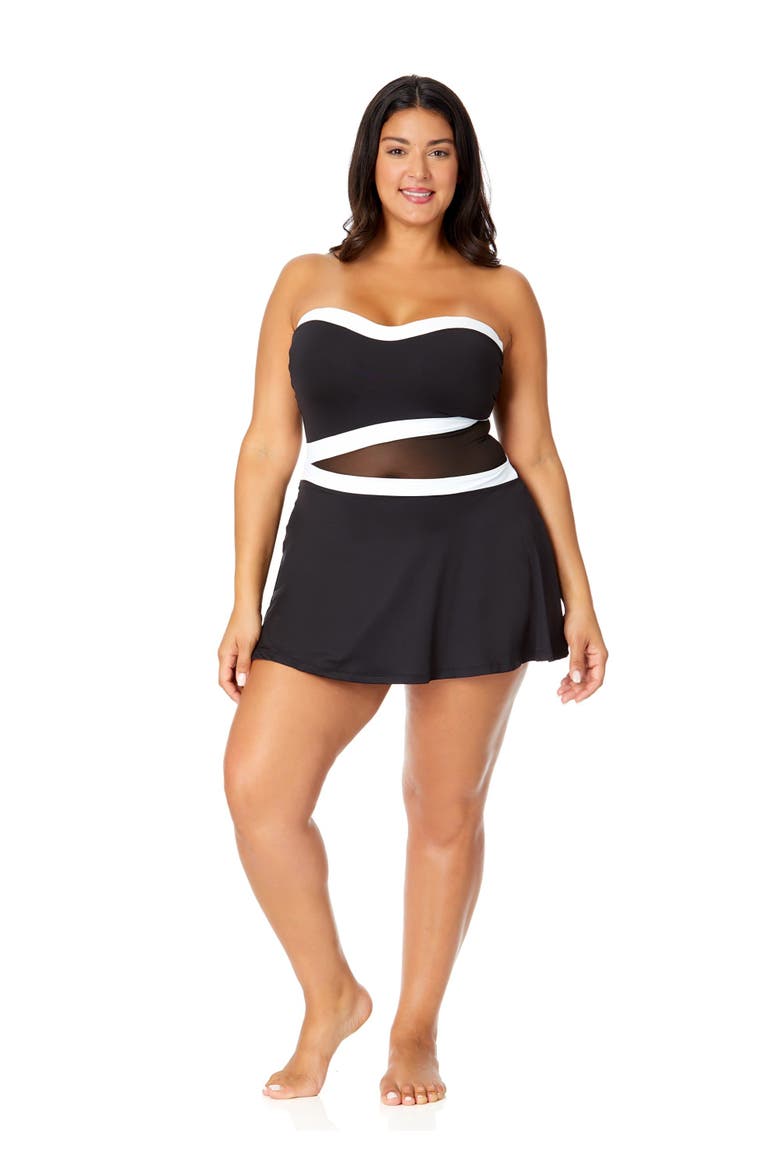 Women's Plus Mesh Around Paneled Strapless Mesh Swim Dress, Alternate, color, Black