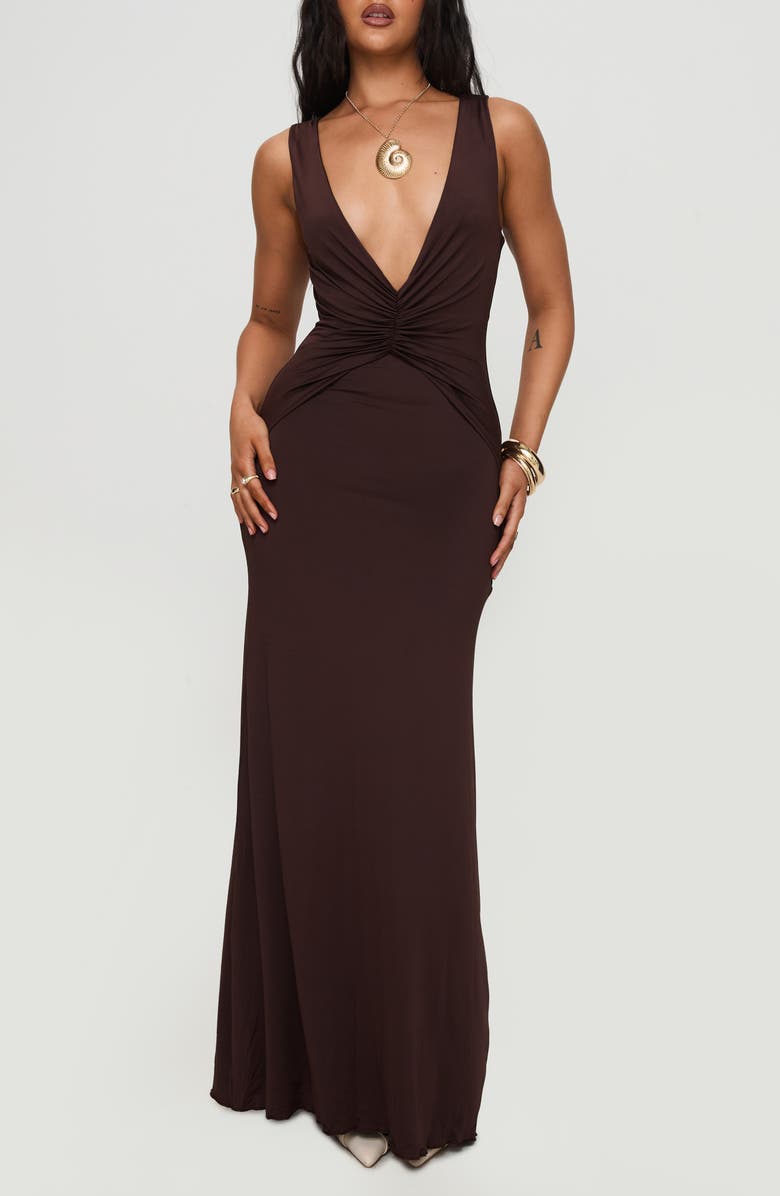 Princess Polly Frederica Plunge Maxi Dress, Main, color, Chocolate