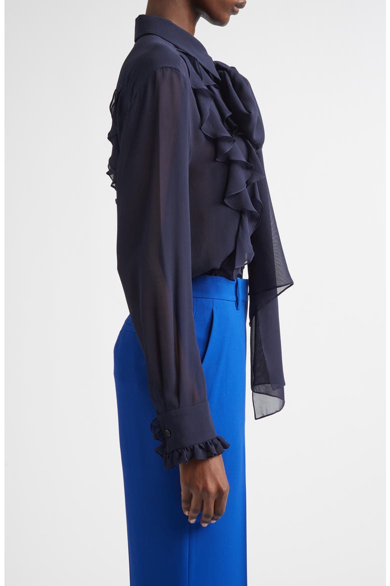 Ruffle Tie Neck Silk Georgette Shirt, Alternate, color, INK