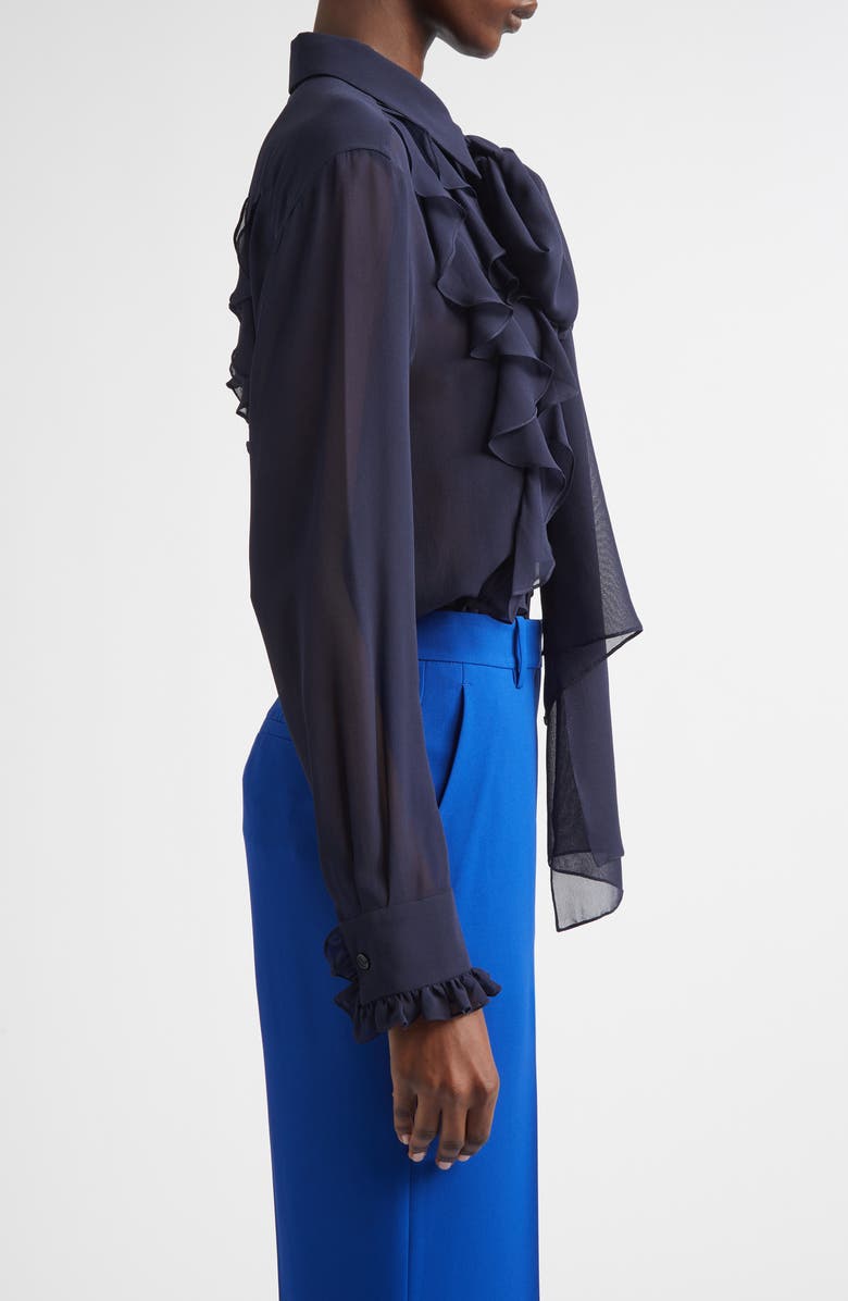 Lafayette 148 New York Ruffle Tie Neck Silk Georgette Shirt, Alternate, color, Ink