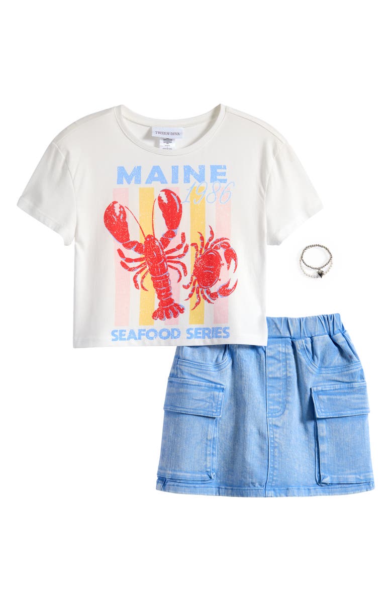 Tween Diva Kids' Graphic T-Shirt & Denim Skirt Set, Main, color, Blue