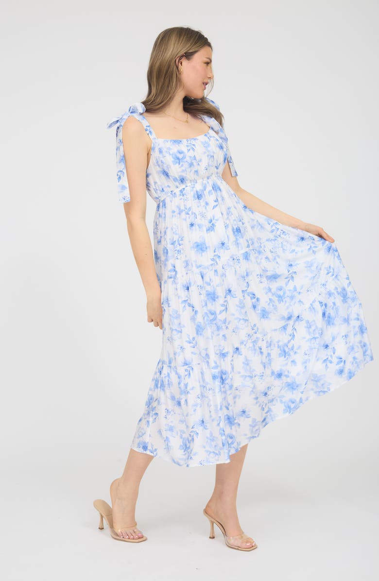 AUGUST SKY Shoulder Tie Floral Midi Dress, Alternate, color, Blue Multi