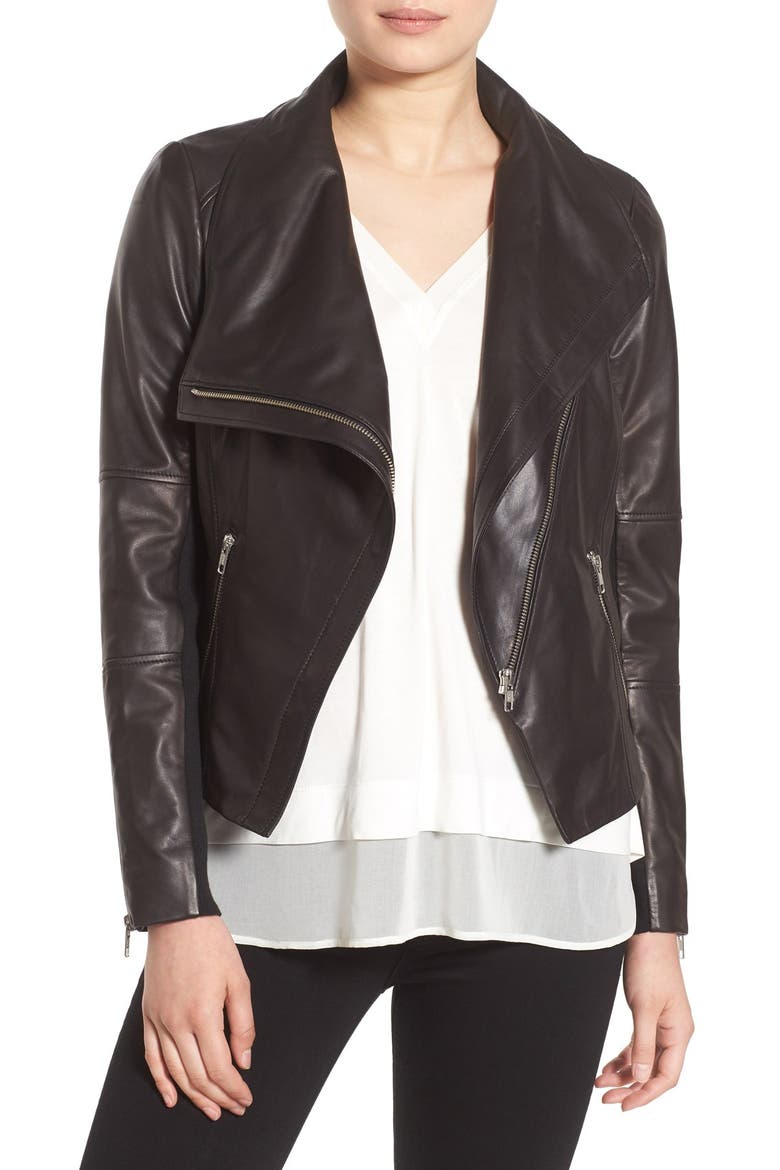 Drape Front Leather Jacket, Main, color, BLACK