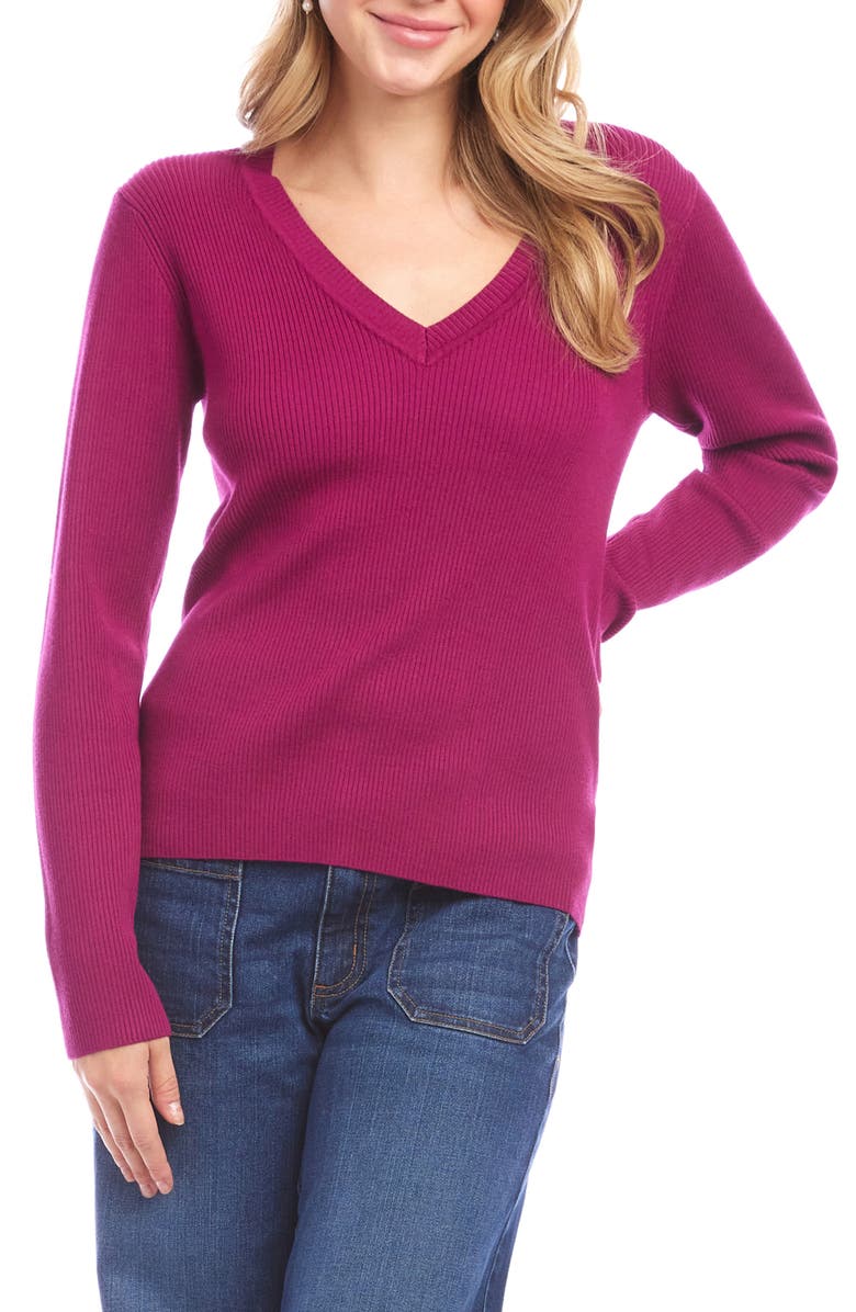Karen Kane Rib V-Neck Sweater, Main, color, Magenta Pink