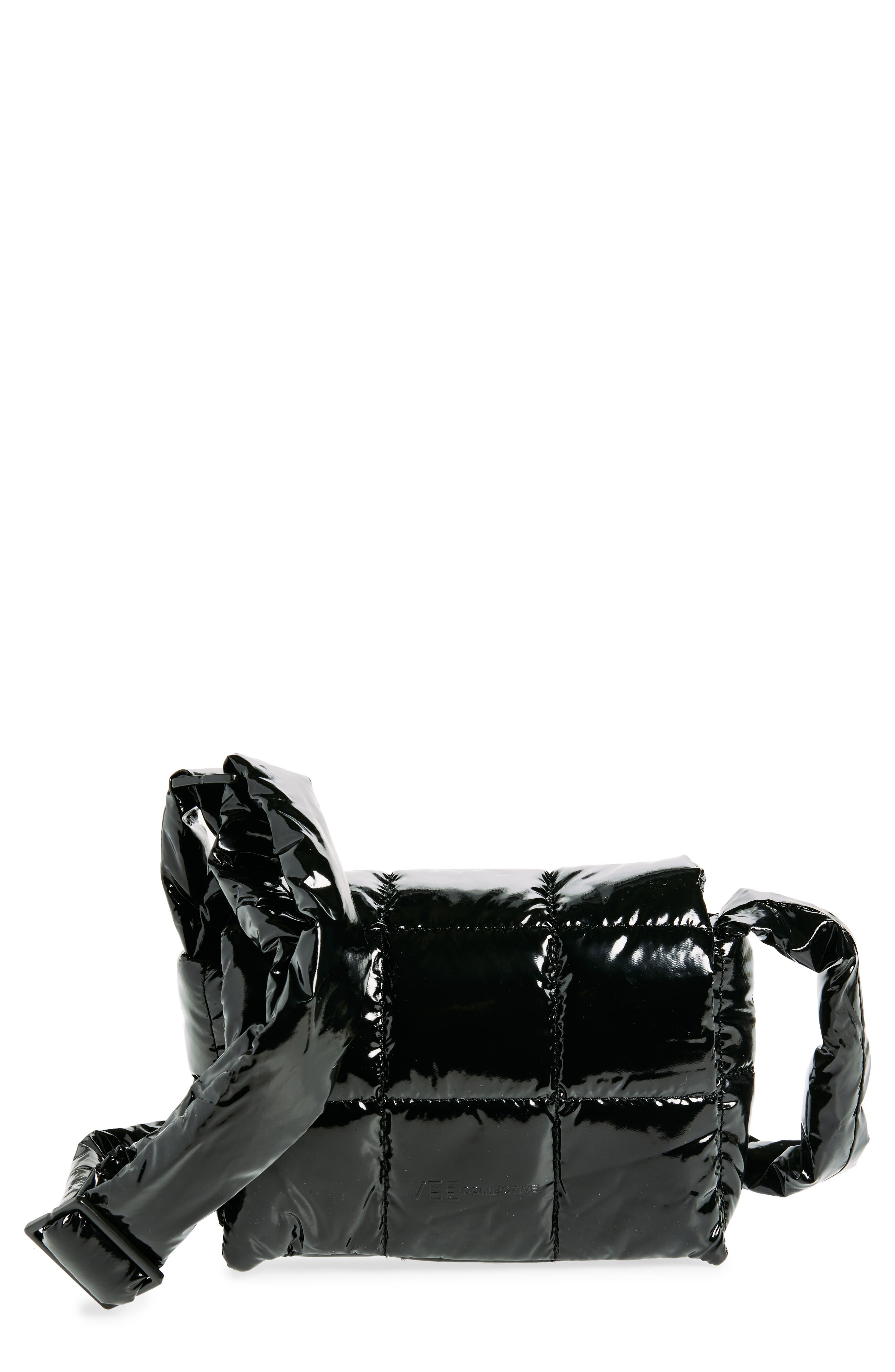 VeeCollective Mini Porter Quilted Recycled Nylon Messenger Bag, Main, color, Black Vinyl