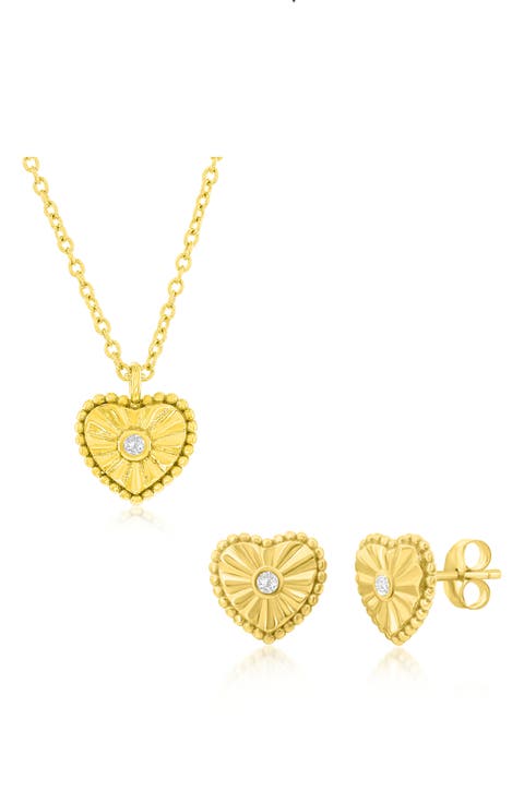 Cubic Zirconia Heart Necklace & Stud Earrings Set