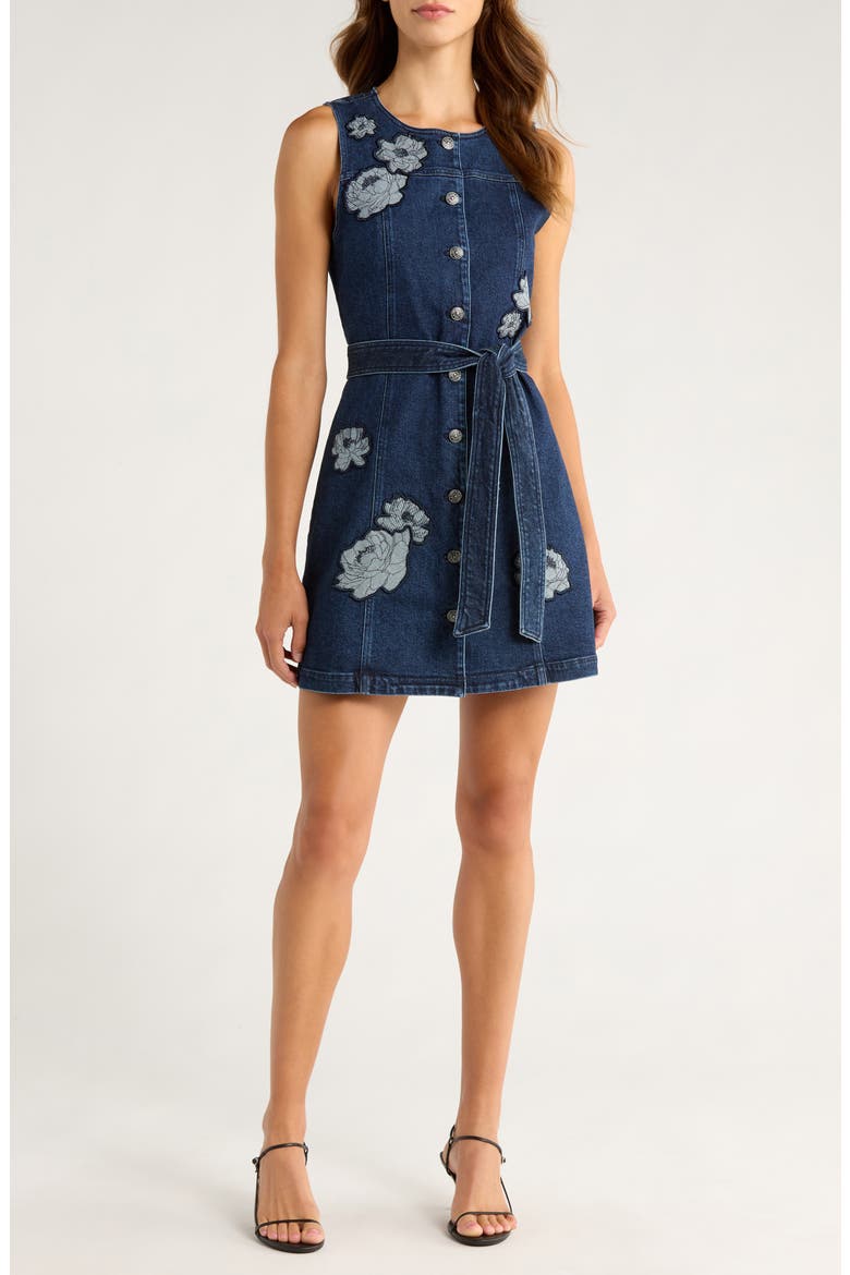 Marsha Floral Appliqué Tie Waist Denim Dress, Main, color, FONTAINE