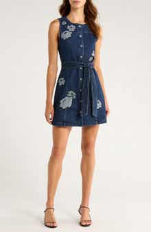 Cinq à Sept Marsha Floral Appliqué Tie Waist Denim Dress