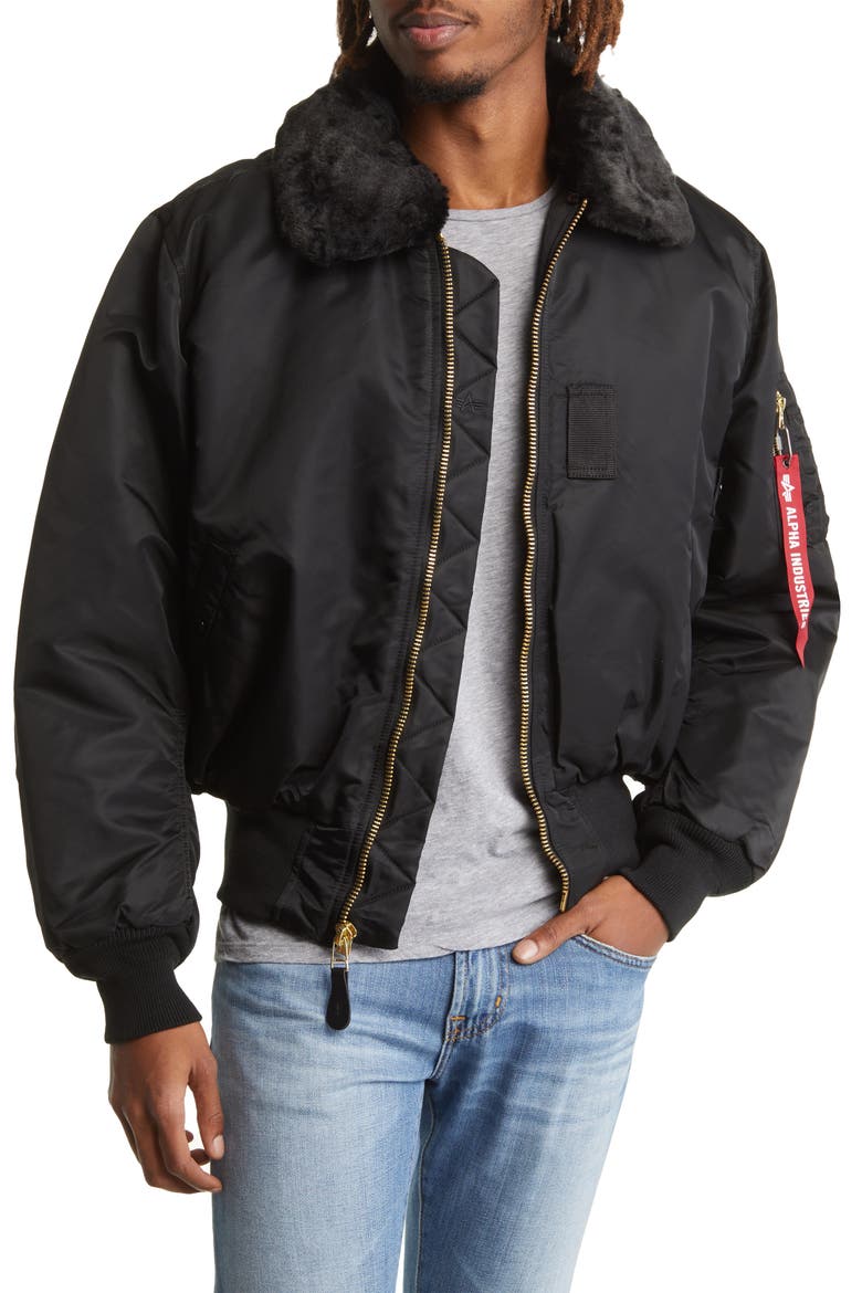 Alpha B-15 Water Resistant Flight Jacket with Removable Faux Fur Collar, Main, color, BLACK