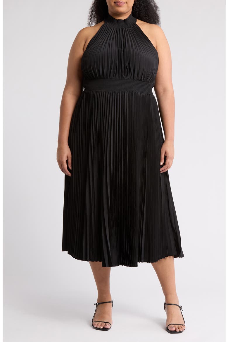 Pleated High Neck Dress, Main, color, BLACK