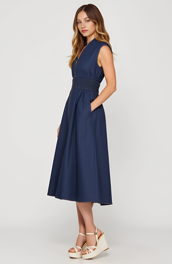 Zip Front Sleeveless Denim Midi Dress with Smocked Waist Detail