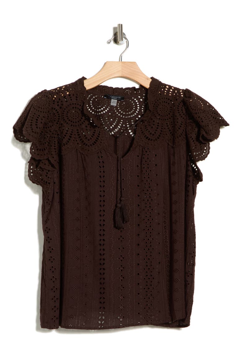 Tie Neck Eyelet Top, Alternate, color, GANACHE