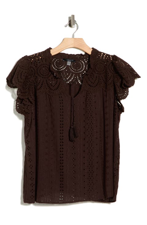Tie Neck Eyelet Top (Plus)