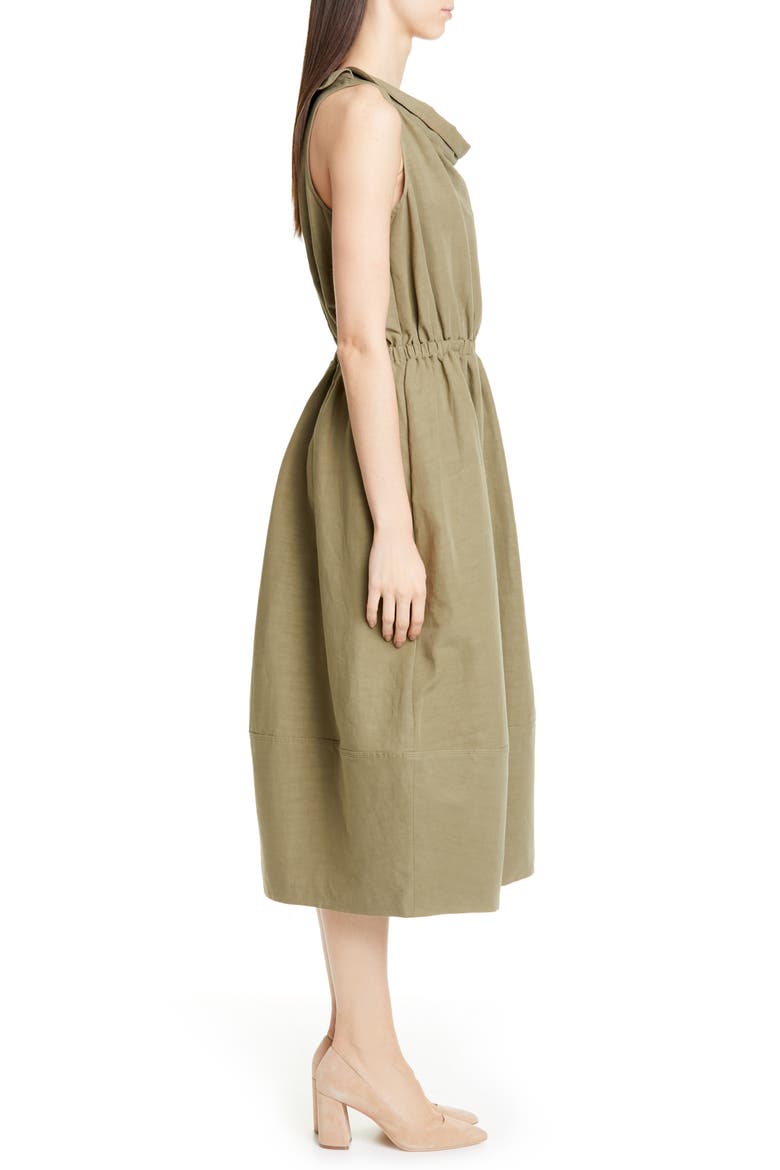 Cinched Cowl Neck Cotton & Linen Blend Midi Dress, Alternate, color, OLIVE