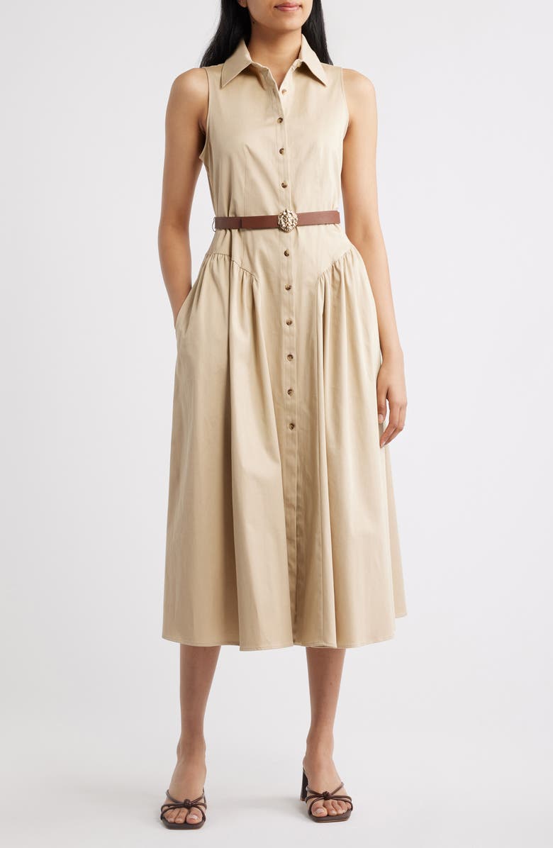 Anne Klein Sleeveless Midi Shirtdress, Main, color, Safari