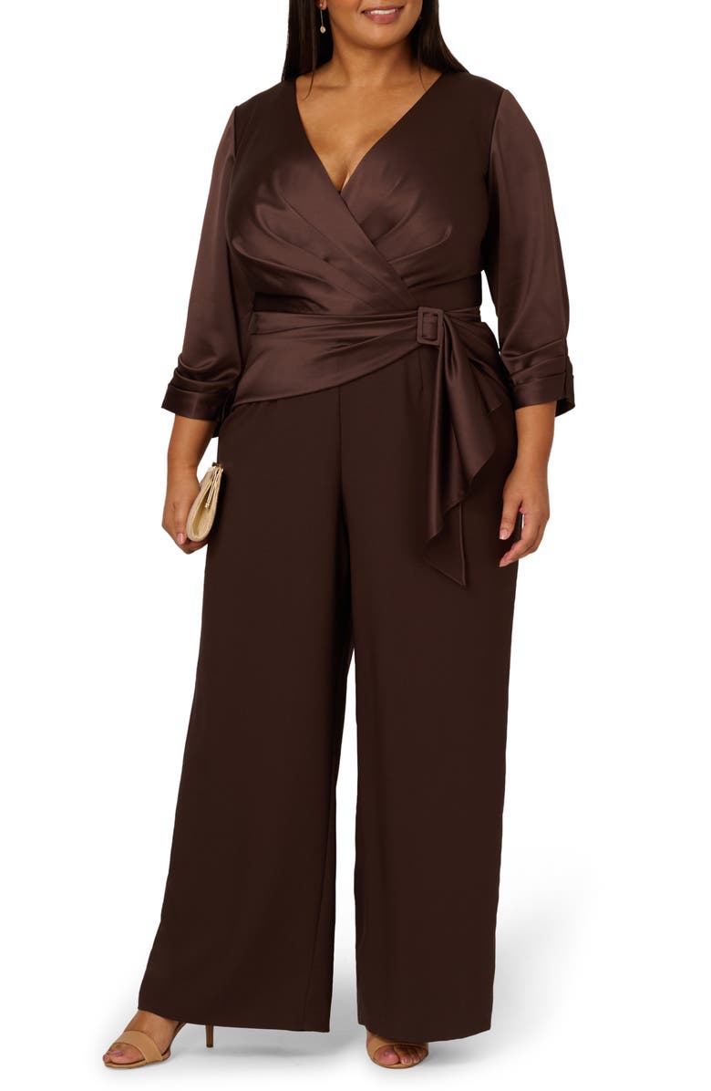 Adrianna Papell Belted Wide Leg Satin Crepe Jumpsuit, Alternate, color, Dark Brown