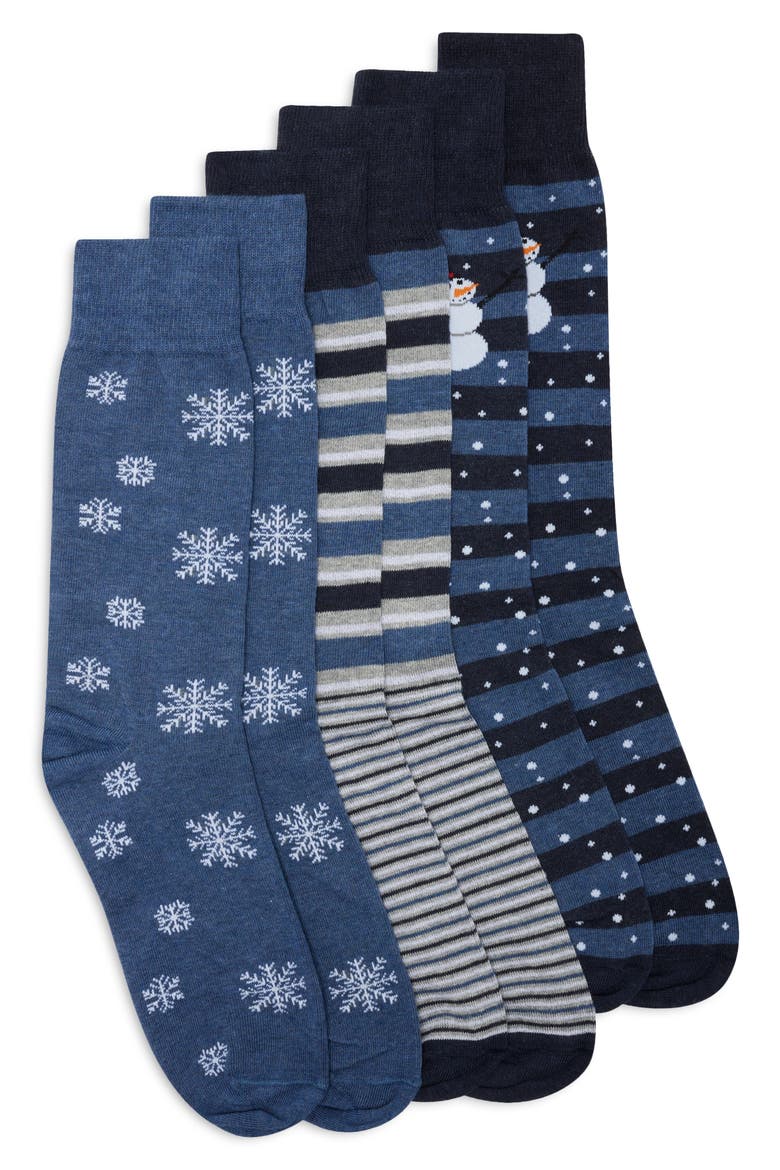 3-Pack Assorted Pattern Crew Socks, Main, color, DENIM