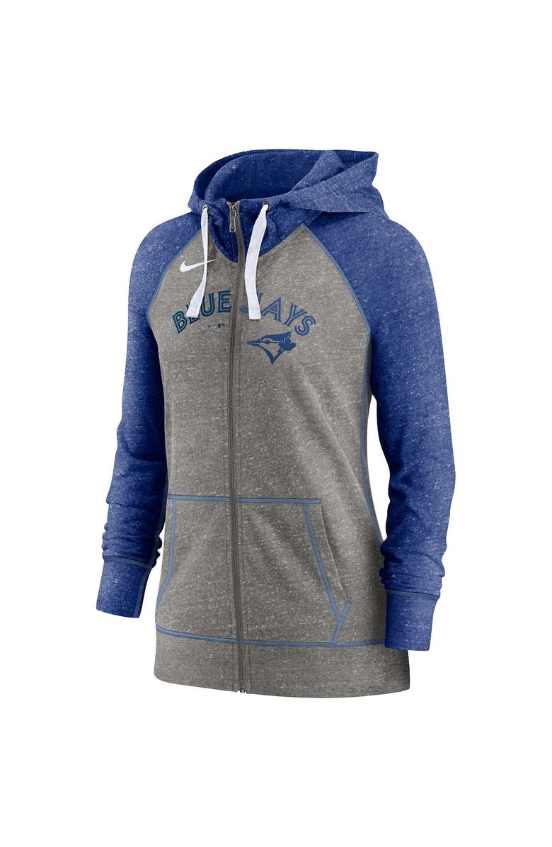 Nike Women's Nike Heathered Charcoal/Heathered Royal Toronto Blue Jays Split Wordmark Gym Vintage Raglan Slub Full-Zip Hoodie, Alternate, color,