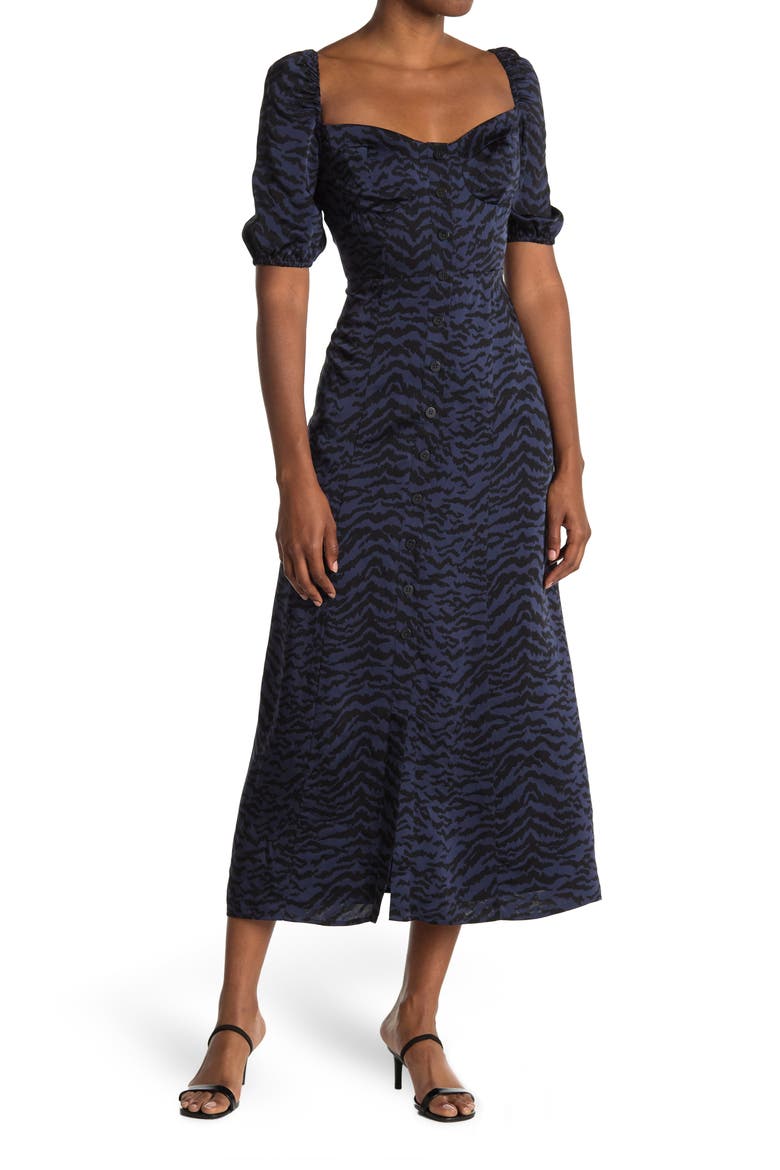 Corset Leopard Print Puff Sleeve Maxi Dress, Main, color, NAVY ZEBRA001