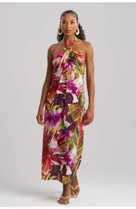 Rainforest Maxi cover-up Halter Dress with Brass Ring
