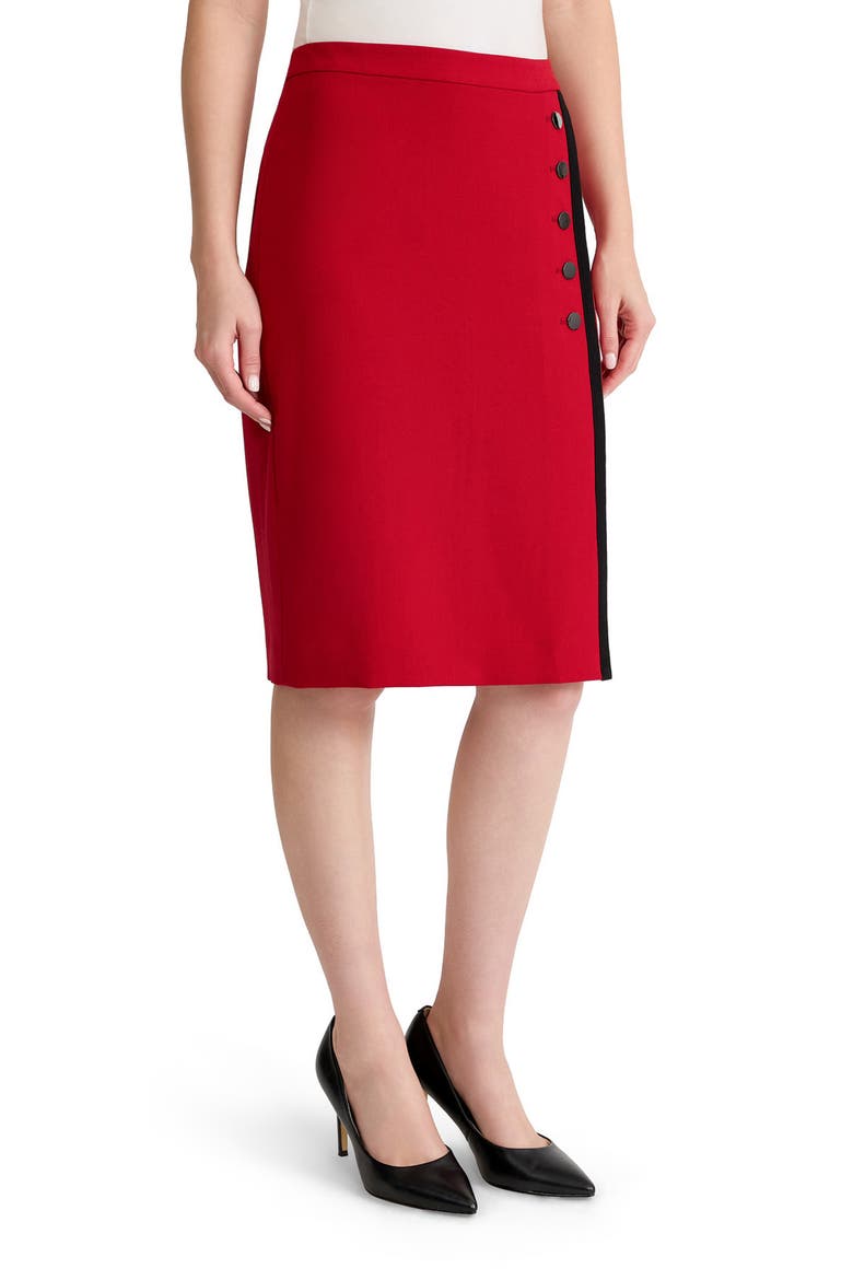 Faux Wrap Skirt with Buttons, Alternate, color, FIRE RED/ BLACK