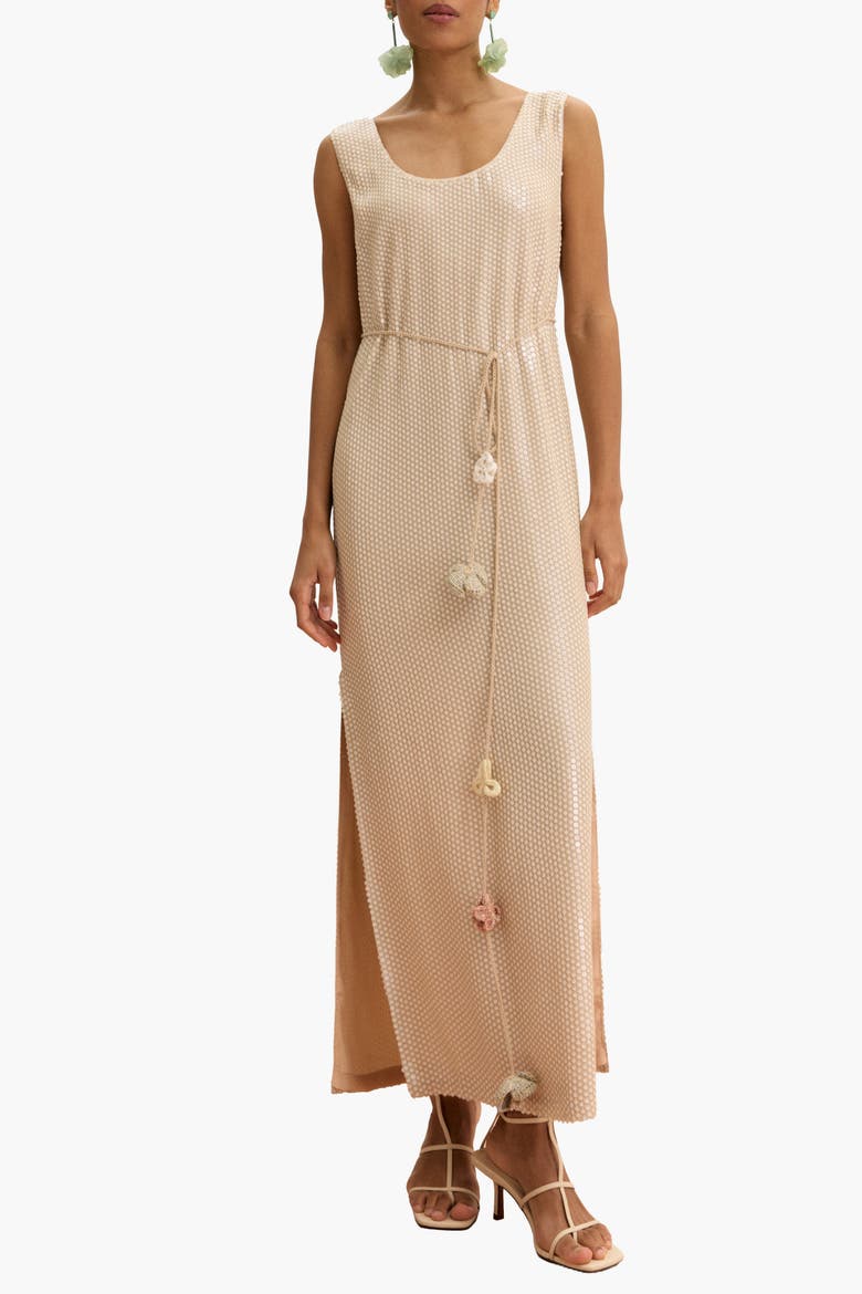 Sleeveless Sequin Maxi Dress With Floral Tassels, Alternate, color, Beige