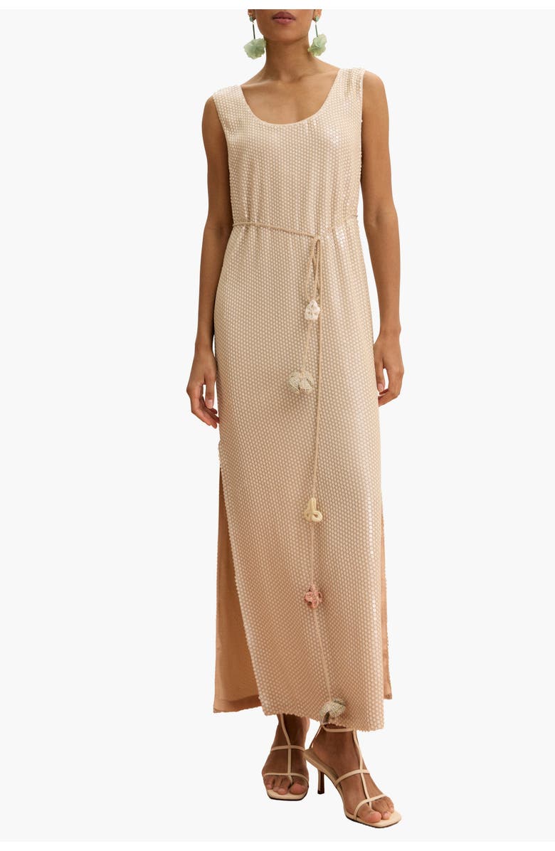 Malva Florea Sleeveless Sequin Maxi Dress With Floral Tassels, Alternate, color, Beige