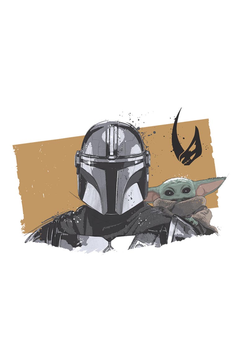 Junior's Star Wars The Mandalorian and Grogu Bounty Hunter and The Child Portrait  Graphic T-Shirt, Alternate, color, White