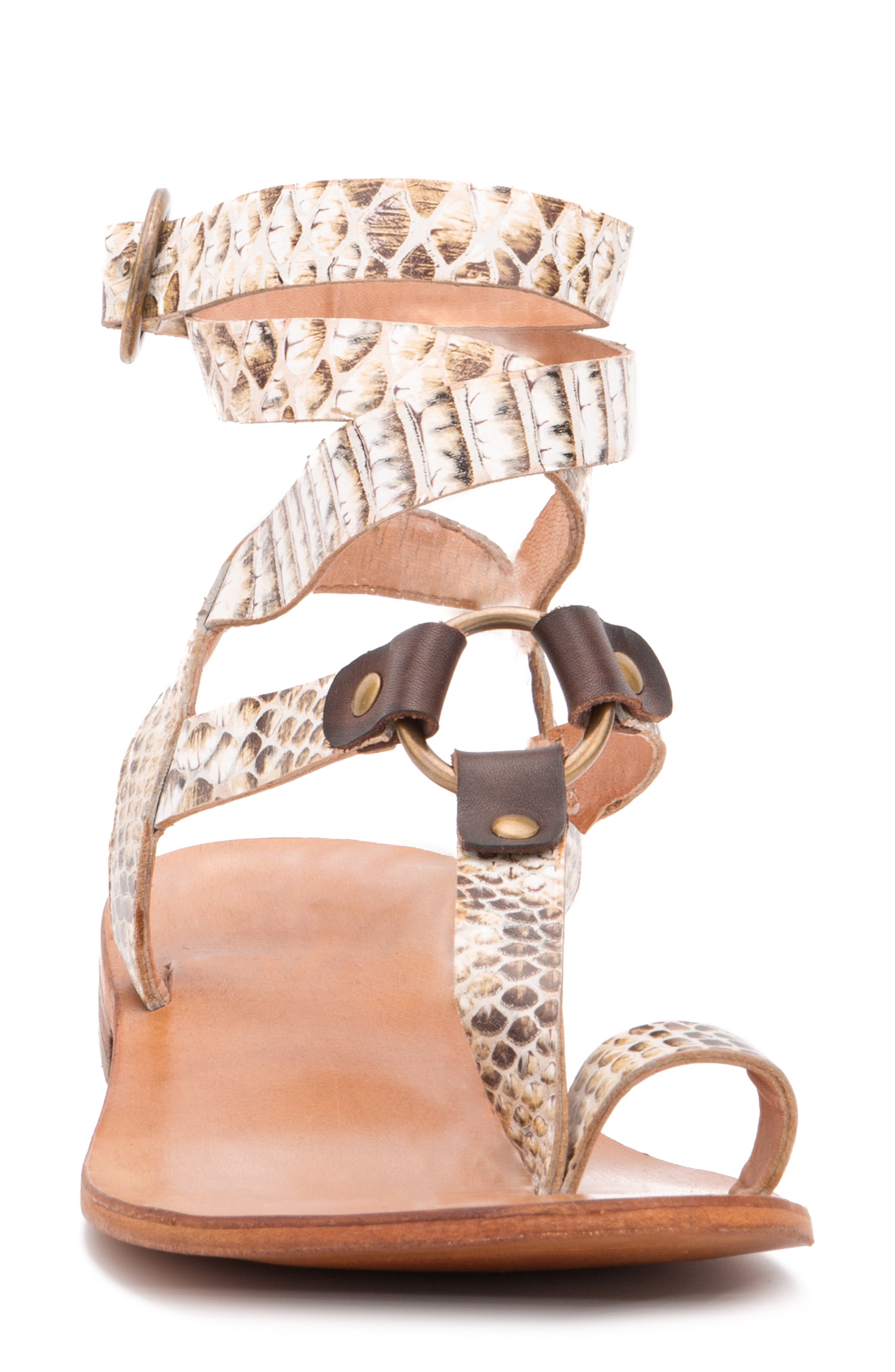 Vina Snake Embossed Leather Ankle Strap Flat Sandal