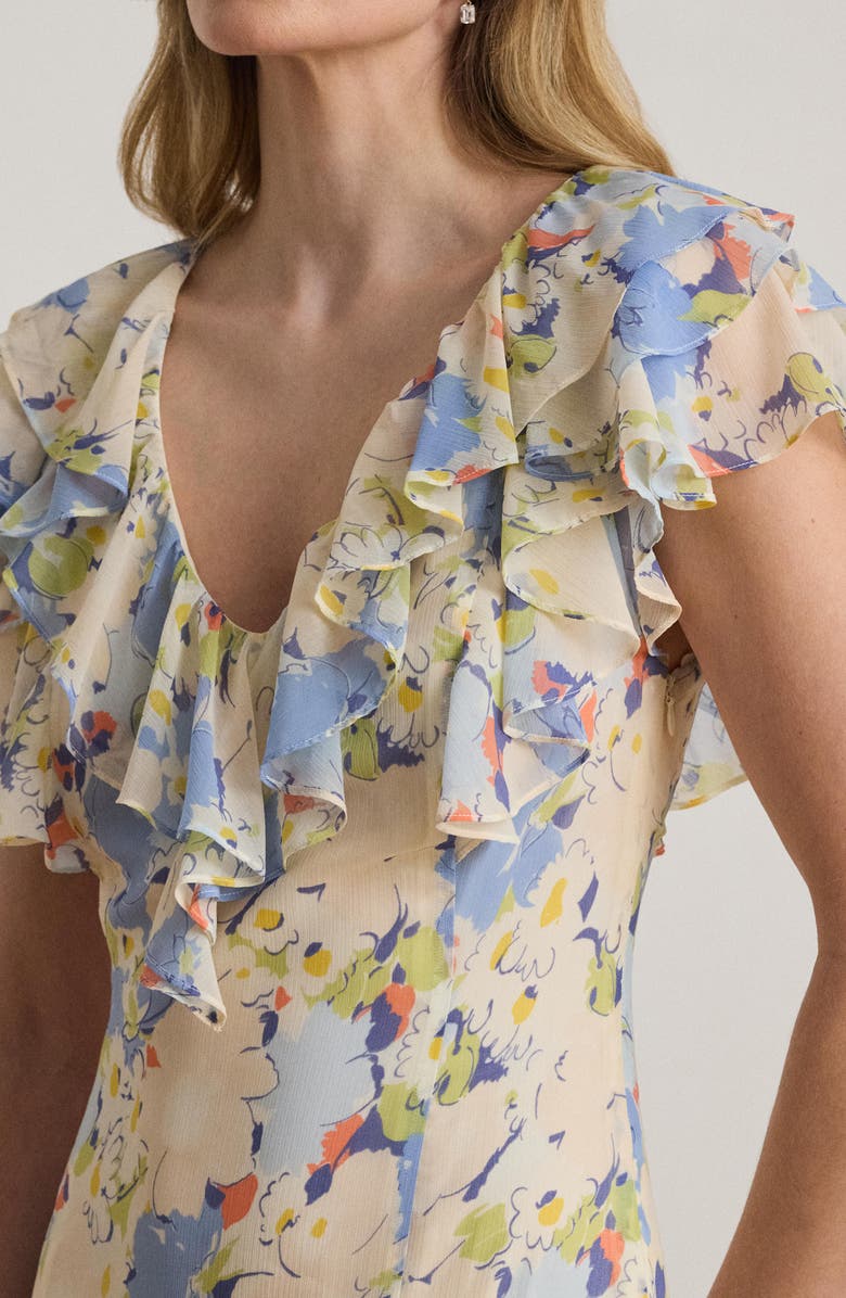 Lauren Ralph Lauren Floral Ruffle Gown, Alternate, color, Blue/ Multi