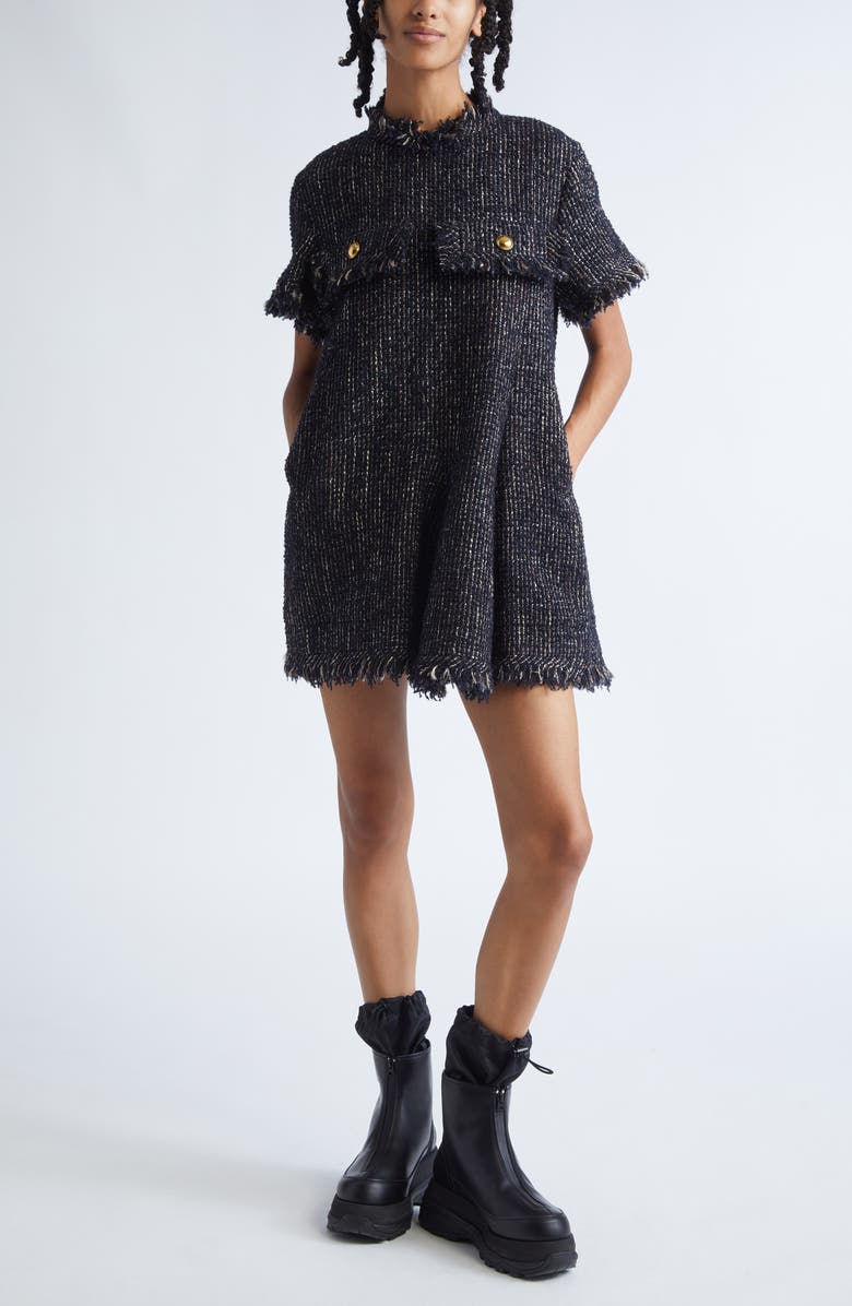 Sacai Short Sleeve Tweed Dress, Main, color, Navy