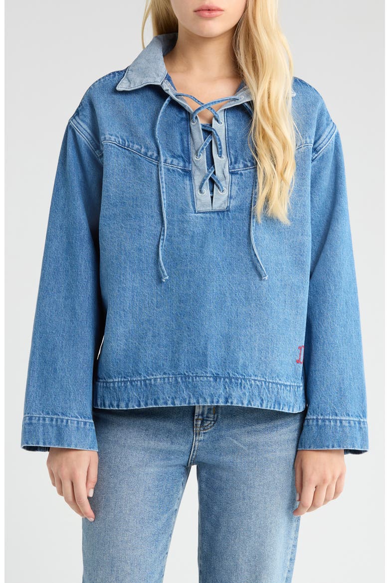 Scarlett Lace-Up Denim Rugby Shirt, Main, color, BLUE