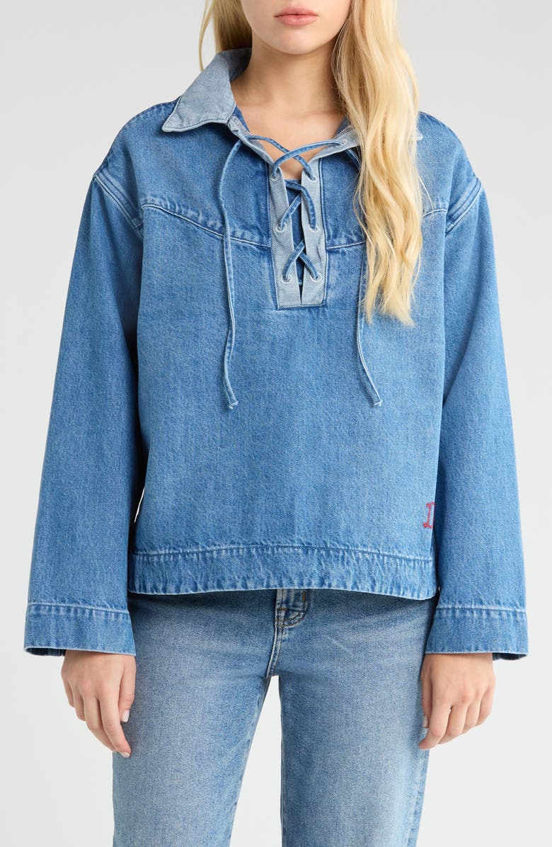 Damson Madder Scarlett Lace-Up Denim Rugby Shirt, Main, color, Blue