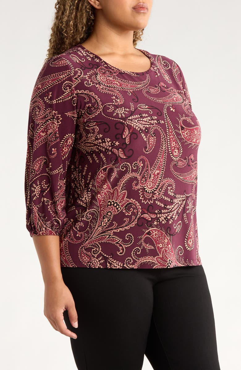 Jones New York Paisley Print Three Quarter Sleeve Top, Alternate, color, Wine Plum Multi