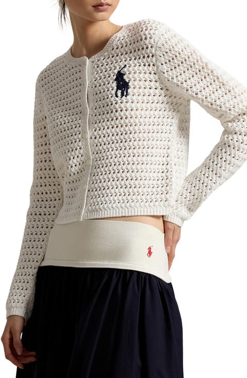 Big Pony Button-Up Cotton Crochet Crop Cardigan