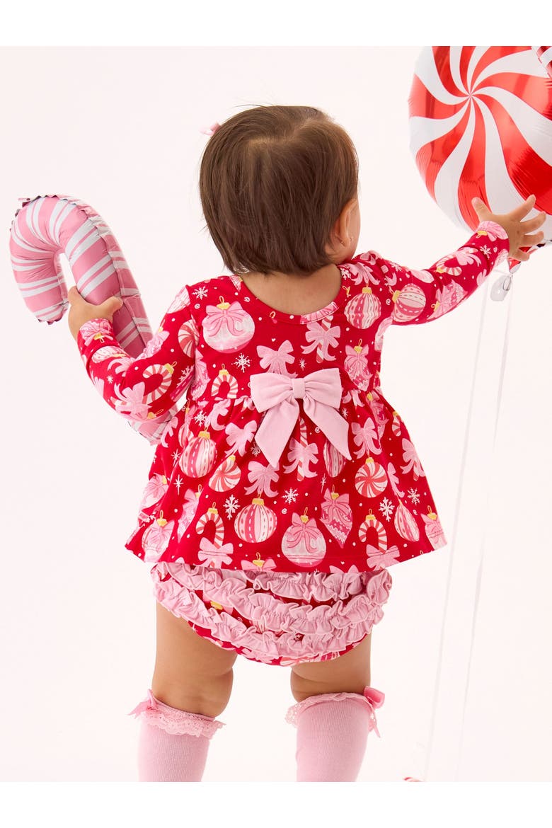 Holiday Knit Long Sleeve Twirl Top and Bloomer Set, Alternate, color, Red Holly Ornament Bows