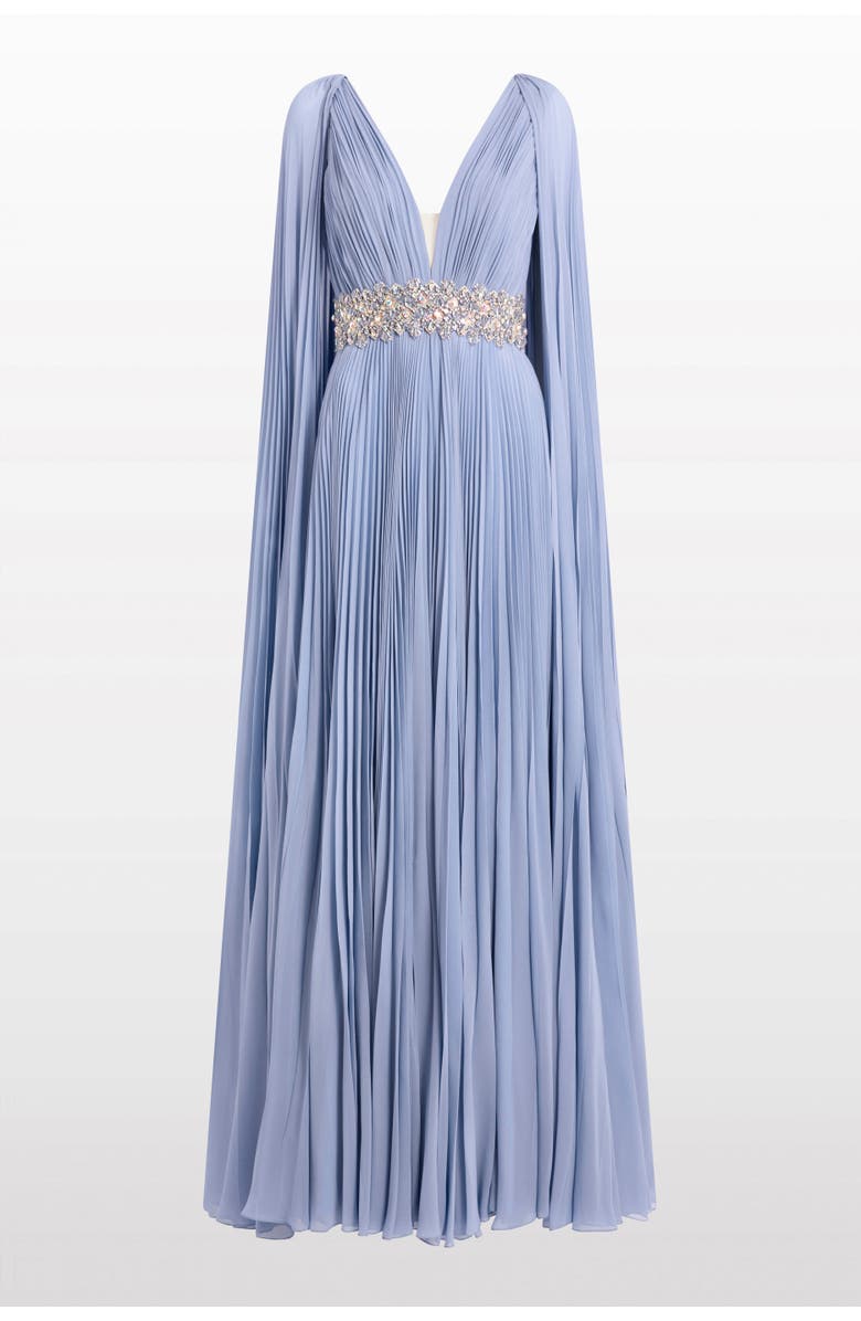 Jenny Packham Fesco Embellished-Waist Pleated Maxi Dress, Main, color, Blue Slate