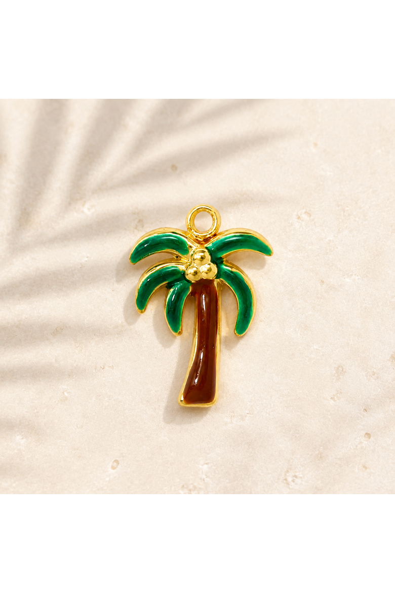 18K Yellow Gold Plated Enamel Palm Tree Charm, Alternate, color, Green/Brown/Gold
