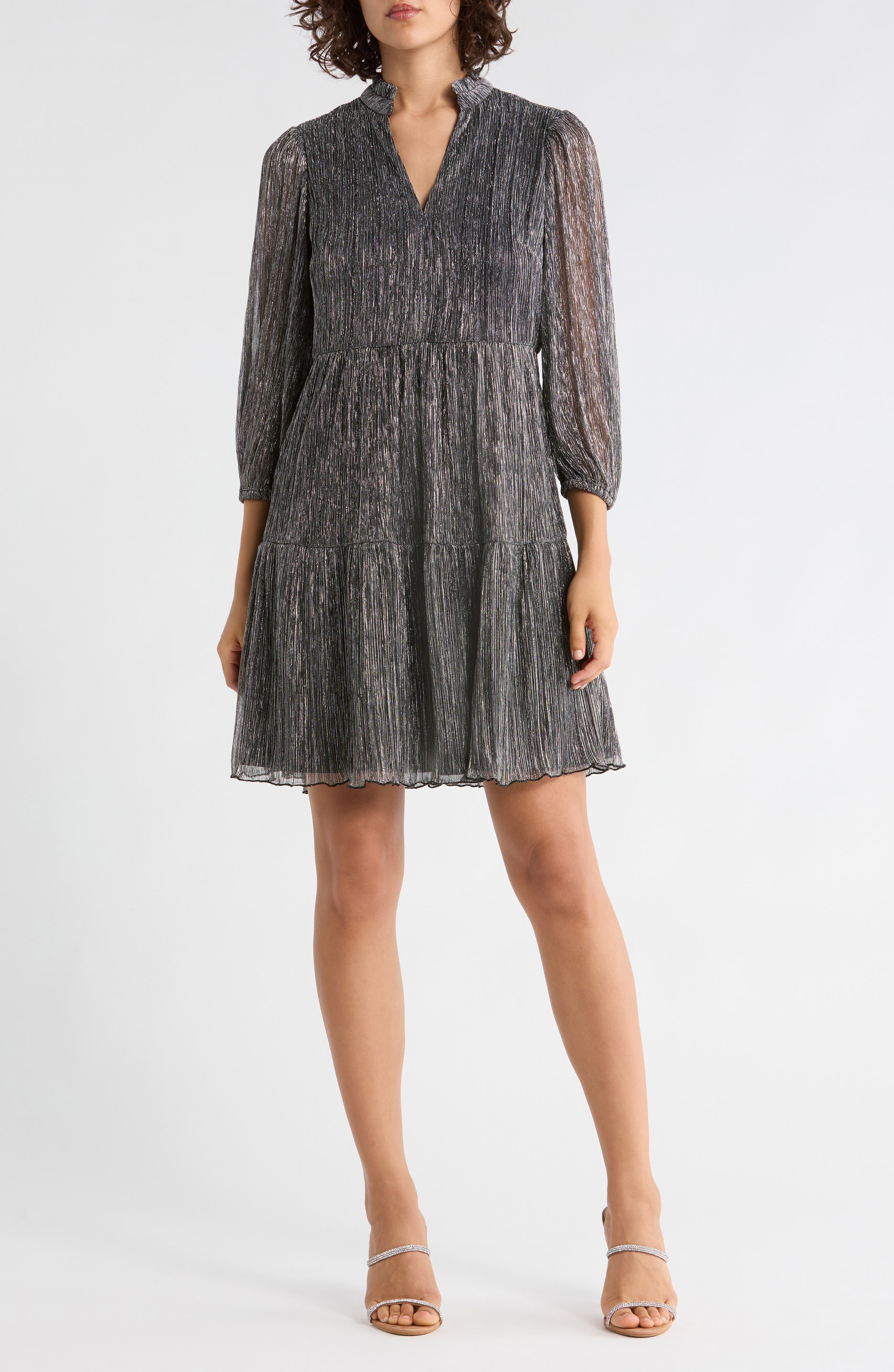 Vince Camuto Novelty Ruffle Neck Long Sleeve Trapeze Dress