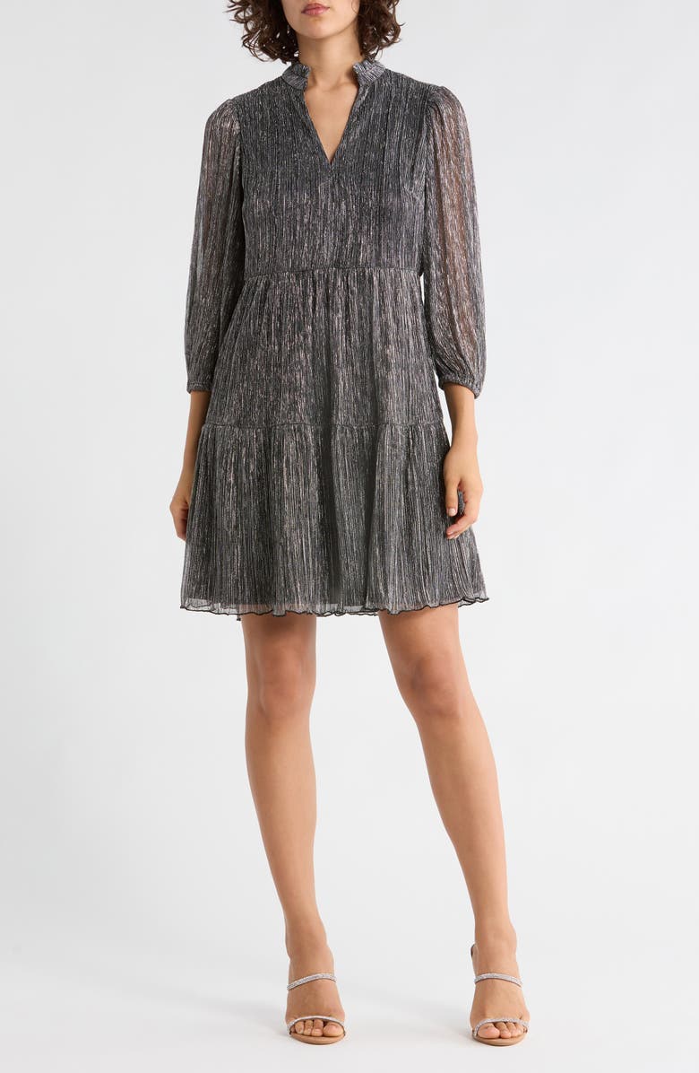 Vince Camuto Novelty Ruffle Neck Long Sleeve Trapeze Dress, Main, color, Gunmetal