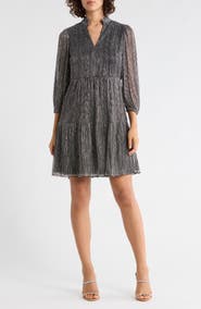 Vince Camuto Novelty Ruffle Neck Long Sleeve Trapeze Dress