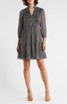 Vince Camuto Novelty Ruffle Neck Long Sleeve Trapeze Dress