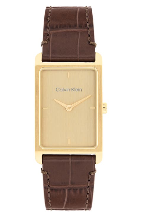 Dapper Rectangular Leather Strap Watch, 24mm