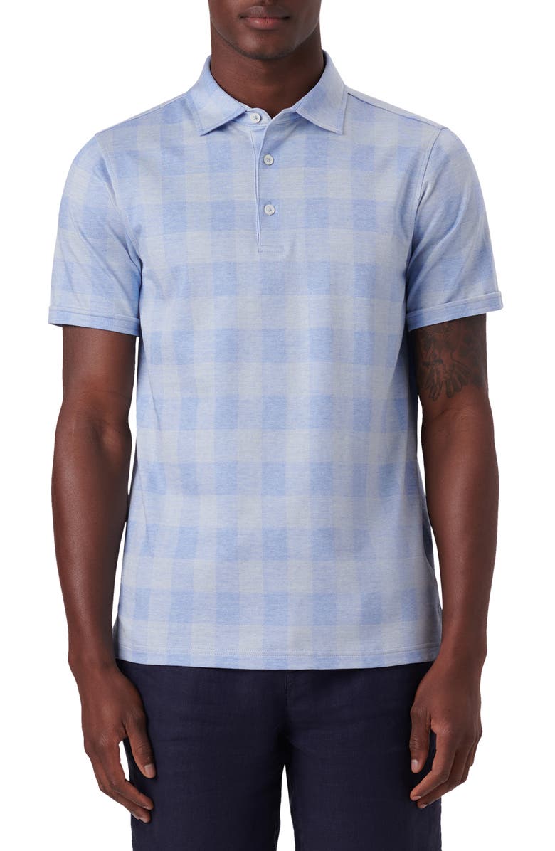 Bugatchi Plaid Short Sleeve Cotton Polo, Main, color, Sky