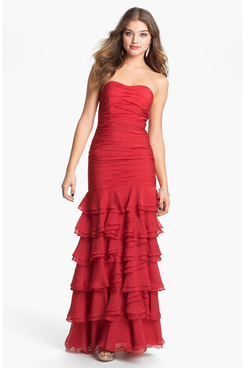 Ruched & Tiered Strapless Chiffon Gown, Main, color, SCARLET