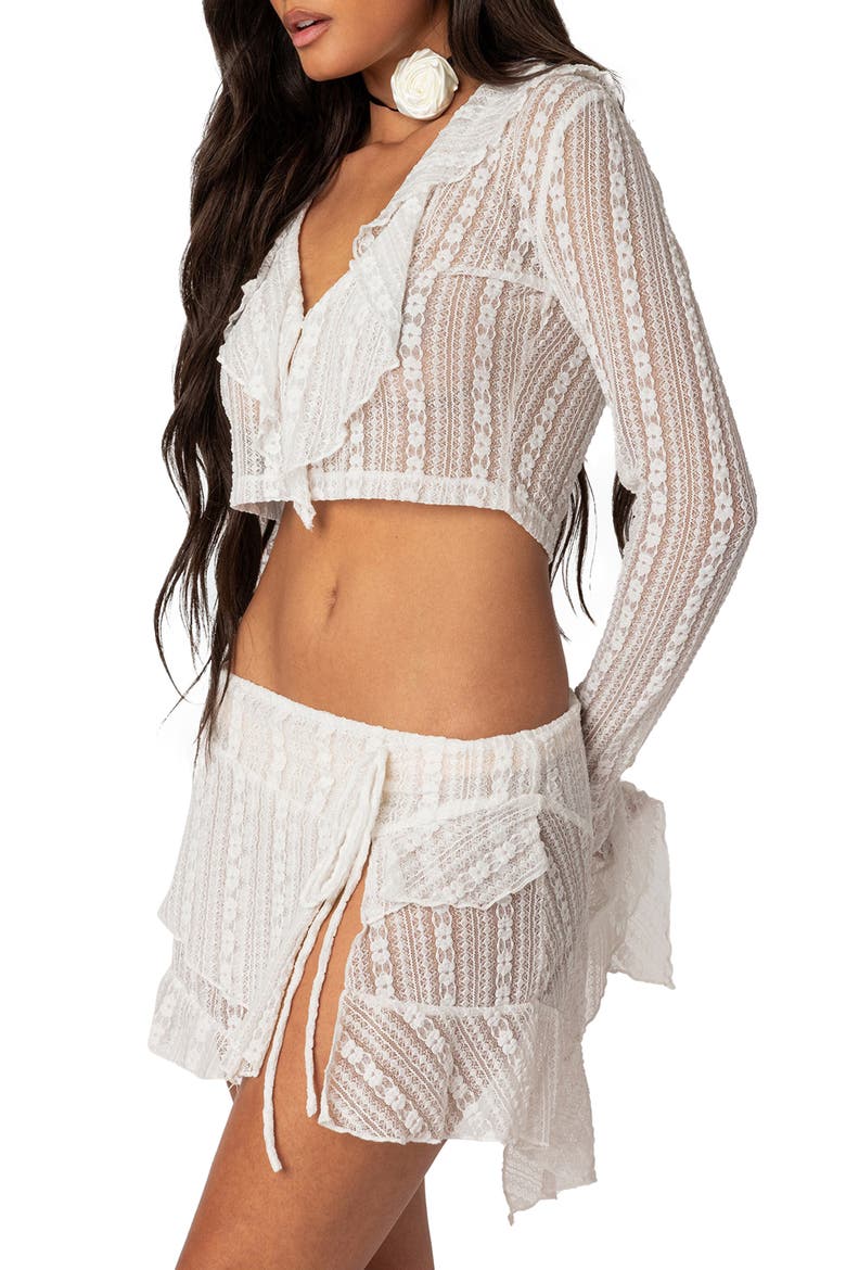 Anastasia Sheer Lace Ruffle Crop Top, Alternate, color, WHITE