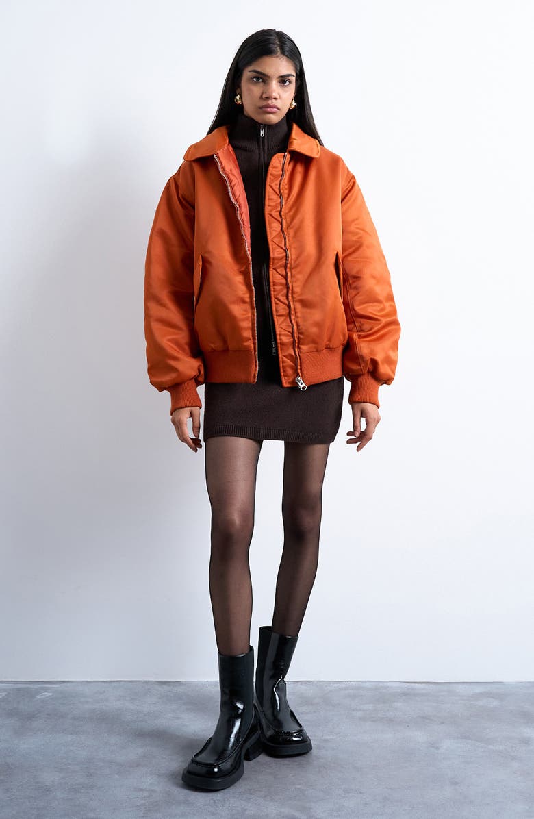 Topshop Nylon Bomber Jacket, Alternate, color, Orange
